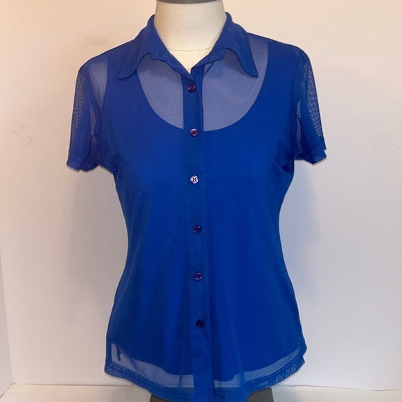 Johnathan Martin Vintage Bright Blue Layered Short Sleeve Blouse Women’s Large - Picture 1 of 8